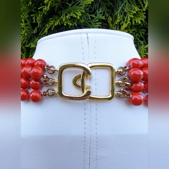 Kenneth Lane Signed Coral Glass Bead 3 Strand Tiered Necklace Gold Clasp - Picture 4 of 6
